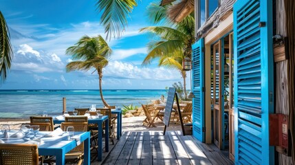 beachfront bistro with bright blue Bahama shutters, setting a relaxed mood for diners by the sea