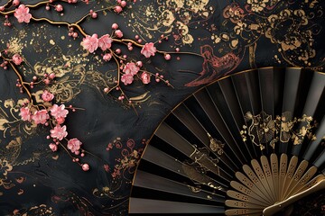 Japanese background with sakura - cherry tree and fans. Vintage or grunge style.