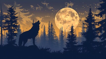 A wolf howls at the full moon in a forest, surrounded by tall trees, under a dark, starry sky.
