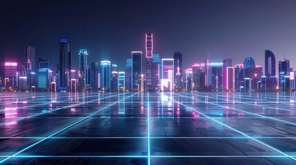 A cityscape with neon lights and a reflection of the city in a body of water