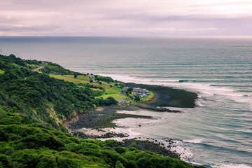 Panoramic view over Manu Bay at sunset. Raglan, New Zealand