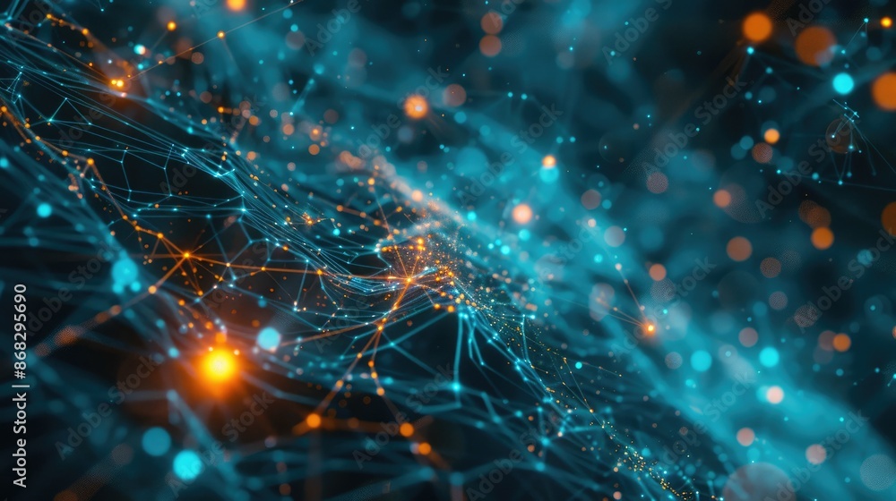 Poster the image is showing a glowing network of blue and orange lights. it looks like a circuit board or a