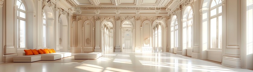 Modern corporate workspace with Baroque moldings and minimalist decor