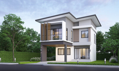 Modern house exterior evening view with lawn grass.3d rendering