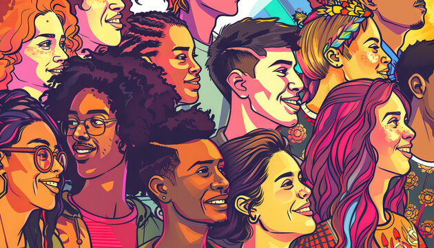 Gen Z new adults are the cultural ambassadors, celebrating diversity and inclusivity: Illustrate a group of Gen Z individuals participating in cultural events and activities