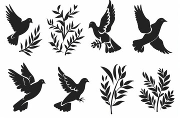 Obraz premium Peace dove graffiti, pigeons, twigs ink illustration. Flying birds silhouettes monochrome flat icons