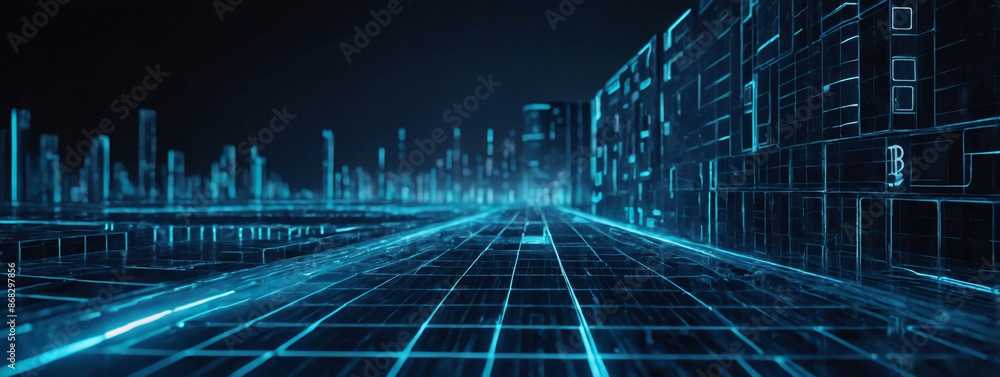 Poster futuristic illustration of a distributed blockchain. radiant bitcoin icons on a web of glowing blue 