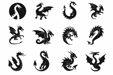 Fototapeta premium Dragons icon silhouette, dino, wyvern symbols, dinosaurs isolated, mythical monster, minimal flat tattoo