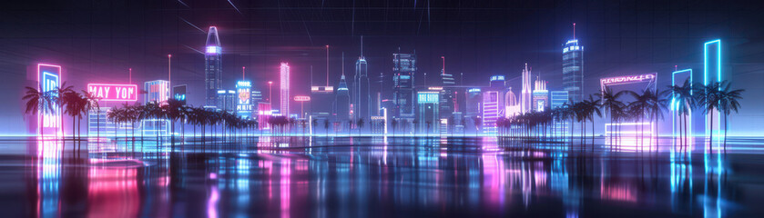 A cityscape with neon lights and palm trees