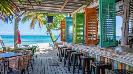 Fototapeta premium beach bar with vibrant Bahama shutters, adding a playful and inviting element to the seaside ambiance