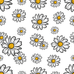 Hand drawn daisy flower texture repeatable design. Vector seamless pattern with chamomile flowers on blue background. Can be used for textile print, wrapping papers, wallpapers or for website.