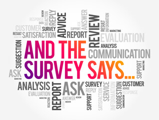 Fototapeta premium And The Survey Says is a phrase often used in the context of presenting or revealing the results of a survey or poll, word cloud concept background
