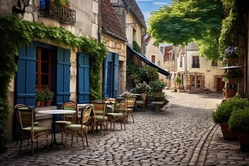 Fototapeta premium French Countryside Charm: Croissants and cafe au lait in a French village square with cobblestone streets.