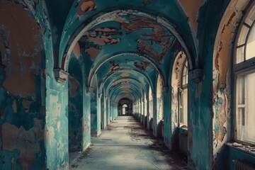 Obraz premium Decay and desolation in an abandoned building hallway