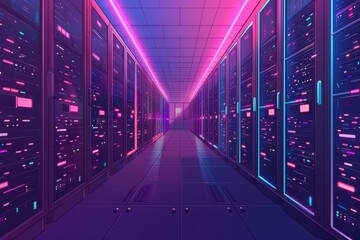 Futuristic data center with neon lights and advanced servers