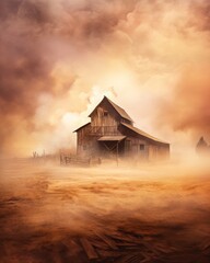 Old rustic barn standing solitary amidst a dramatic foggy landscape with a dusky sky, creating a mysterious and serene rural scene.