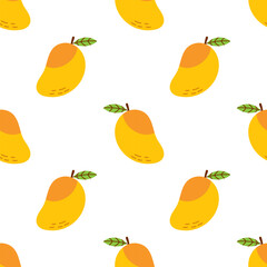 Vector seamless pattern with mango fruits. Summer tropical fruits on a white background. Wrapping or wallpaper design. Baby, kids, childish print with mango. Cute exotic summer food background.