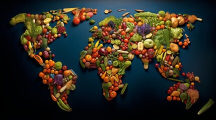 A creative world map made of various fruits and vegetables on a dark background, illustrating global diversity in food.