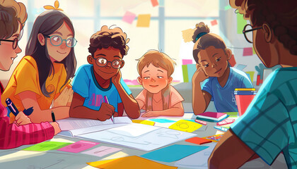 Gen Alpha are the creative innovators, thinking outside the box and imagining new possibilities: Depict a group of Gen Alpha children brainstorming and creating, symbolizing their innovative thinking 