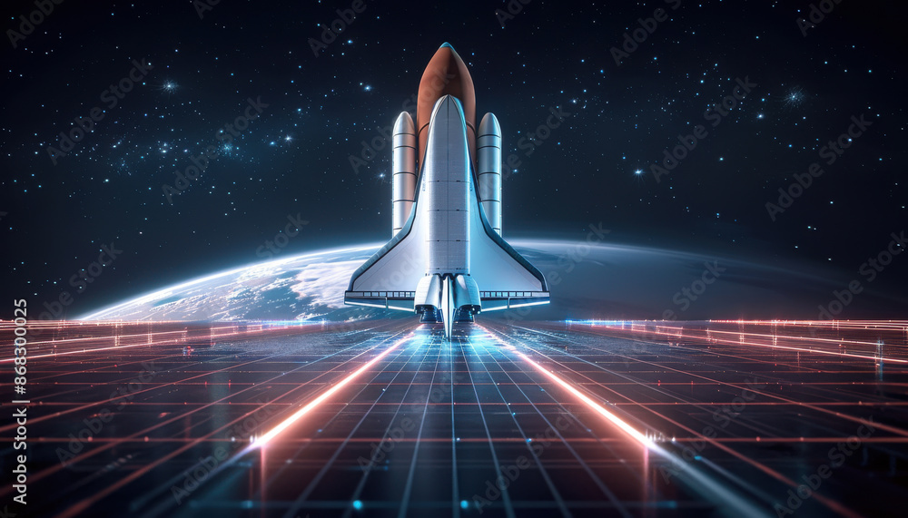 Wall mural a space shuttle is on a path in front of a planet