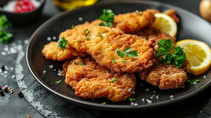 Wiener Schnitzel : A close-up shot of a perfectly breaded and crispy Wiener Schnitzel.