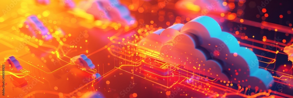 Aufkleber cloud computing, a minimalistic 3d cloud network with connecting lines on a neon orange background, 