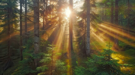 Naklejka premium Sun rays in the spruce forest. The sun shining through the trees in a mountain forest. The beauty of nature.