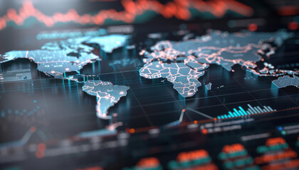 A computer screen shows a map of the world with many lines and numbers