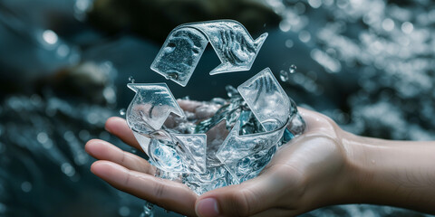 Hand holding a recycle symbol made of water. Concept of water conservation, recycling, and environmental sustainability