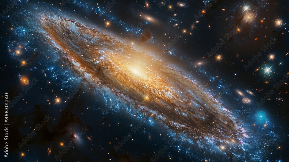 Poster deep space image featuring a spiral galaxy with a glowing core and extensive star fields generative 