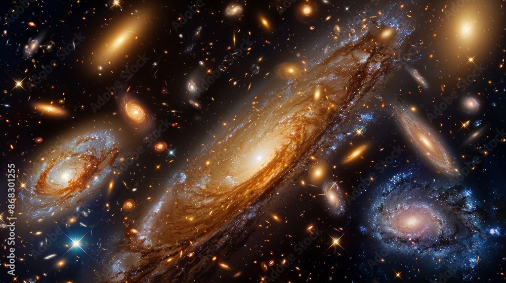 Poster beautiful galaxy cluster with various galaxies in different shapes and colors generative ai