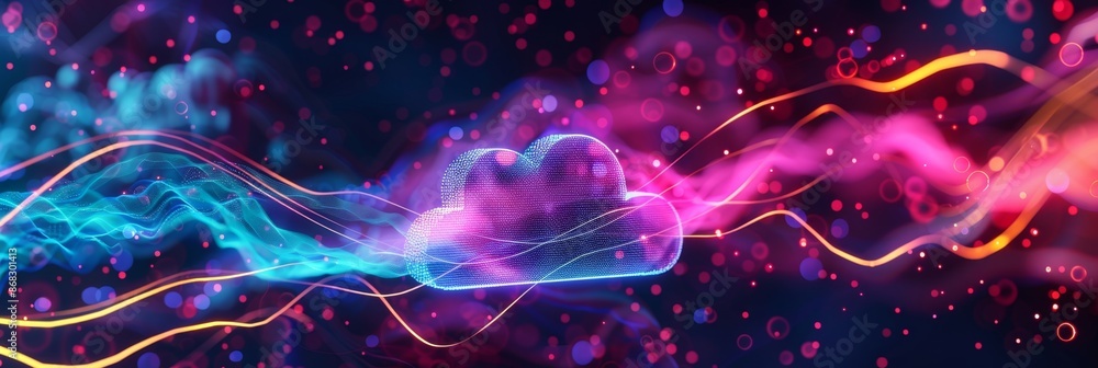 Poster cloud computing, a vibrant abstract background with flowing neon lines and cloud symbols, showcasing