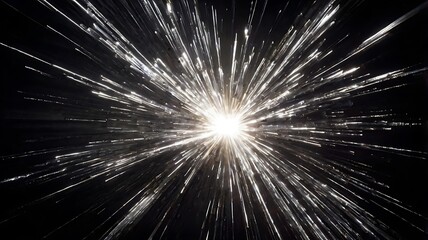 Obraz premium Bright explosion of silver and white lights with dark black background, abstract background wallpaper design