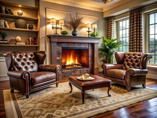 Cozy living room features artificial fireplace cladding, plush carpet, and two rich brown leather armchairs, evoking warmth and comfort in a luxurious modern space.