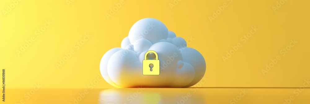 Aufkleber cloud computing, a minimalistic 3d cloud with a lock icon on a neon yellow background, highlighting 