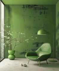 Green wall in a minimalist room with green accents