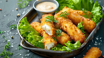 Fototapeta premium crispy fish sticks with dipping sauce, rustic metal tray and blue-gray background