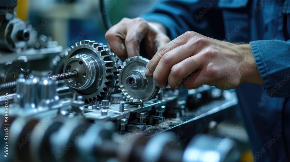 Poster close up of professional mechanic hand fixing and repairing machine while holding iron cog. attracti