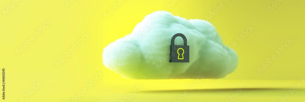 Poster cloud computing, a minimalistic 3d cloud with a lock icon on a neon yellow background, highlighting 