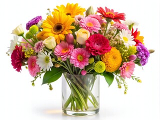 Beautiful arrangement of fresh colorful flowers in a delicate glass cup on a pure white background, perfect for romantic and elegant designs.