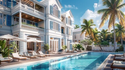 boutique hotel with ornamental Bahama shutters, combining the local cultural aesthetics with modern luxury