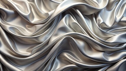 Luxurious silver soft silk satin fabric background featuring undulating waves and gentle folds, evoking a sense of opulence and sophistication in its intricate texture.