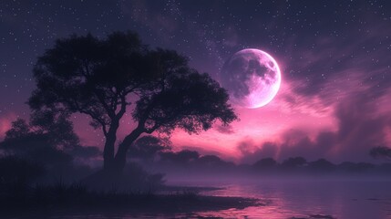 A Tree Sits on the Shore of a Lake in Front of a Pink and Purple Sky - Generative AI