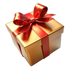 Obraz premium Flying golden box with red bow 3d isolated on transparent background