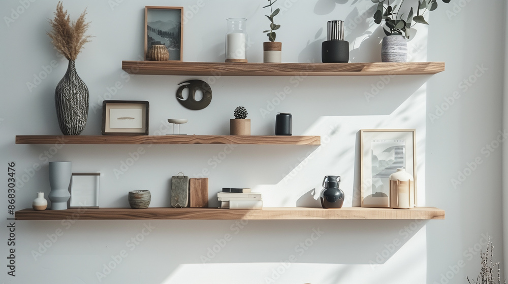 Poster a clean, minimalist wall design featuring streamlined shelves with a carefully selected array of dec