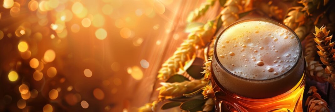 Horizontal banner. International Beer Day. A glass of cold light beer with foam on a yellow background with ears. Bokeh effect. Free space for text, copy space