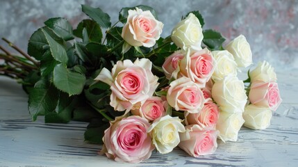 A beautiful bouquet of white and pink roses rests on the table