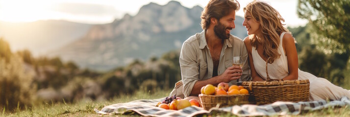 Young white couple having a romantic picnic in the countryside, concept of love and nature, National Picnic Day