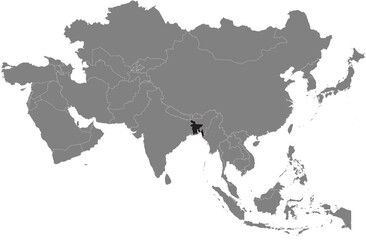 Highlighted black map of BANGLADESH inside dark grey detailed blank political map of Asia using orthographic projection on transparent background, without Russia