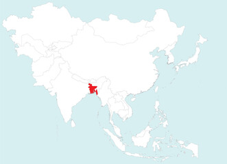 Highlighted red map of BANGLADESH inside white detailed blank political map of Asia on blue background, without the Middle East and Russia